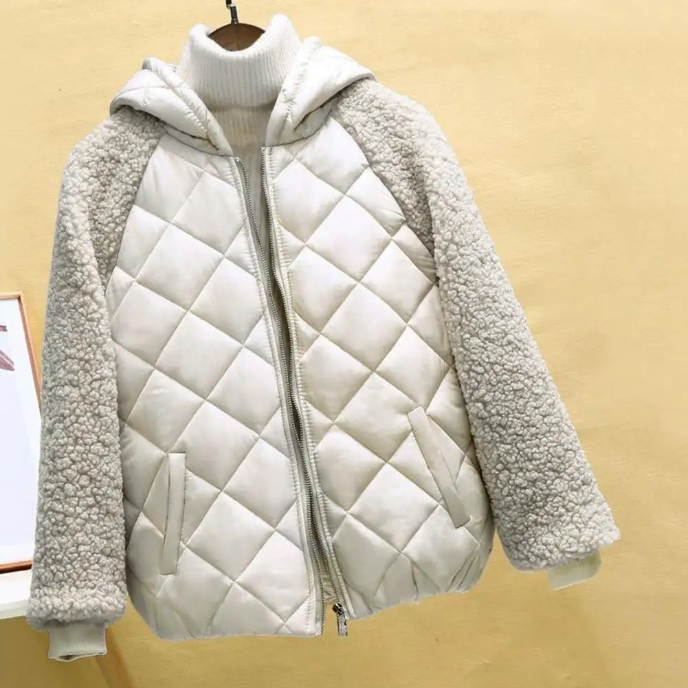 Veste à Capuche Rembourrée en Peluche Douce pour Femme, Manteau Coupe-Vent avec Poches Patchwork, Grande Taille, Hiver