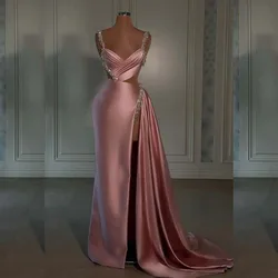 Luxury Pink Satin Evening Dresses Sleeveless Sweetheart Pleat Gowns High Split Crystal Floor Length Custom Prom Dress 2024