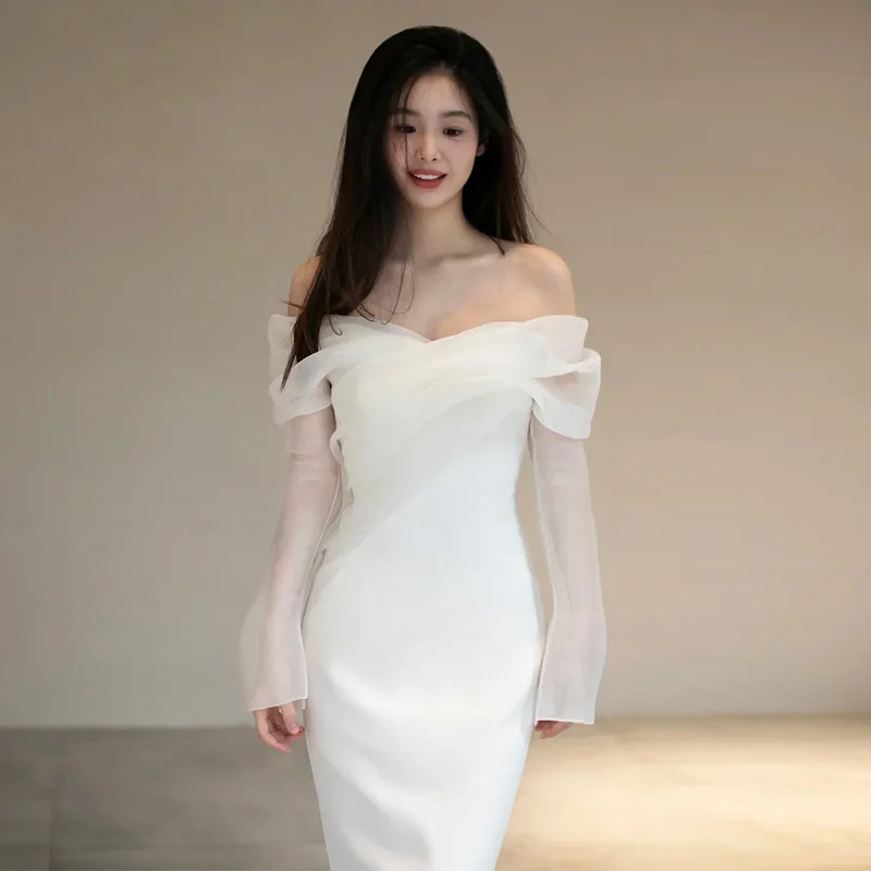 

Light Wedding Dress Satin French Long Sleeve Outdoor Gown Elegant Bride Wedding Reception Dress with Small Train Simple