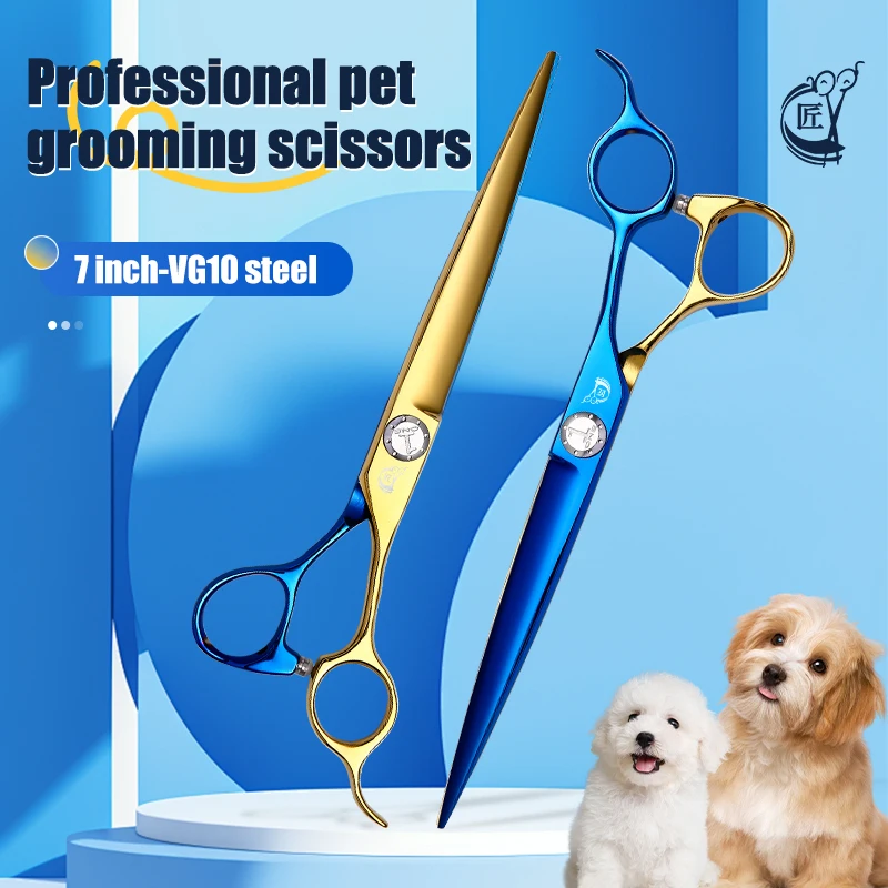 

Crane 7 Inch Dog Scissors For Dog Grooming Straight Cutting Pet Grooming Shears Dog Hair Trimmer Golden Blue Non-slip Handle