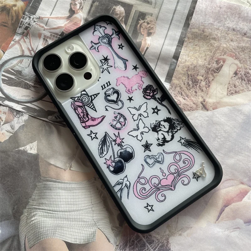 حافظة لهاتف آيفون 12 13 14 15 16 17 Pro Max Plus wf بكعب عالٍ متقاطع على شكل زهرة برية ﻿