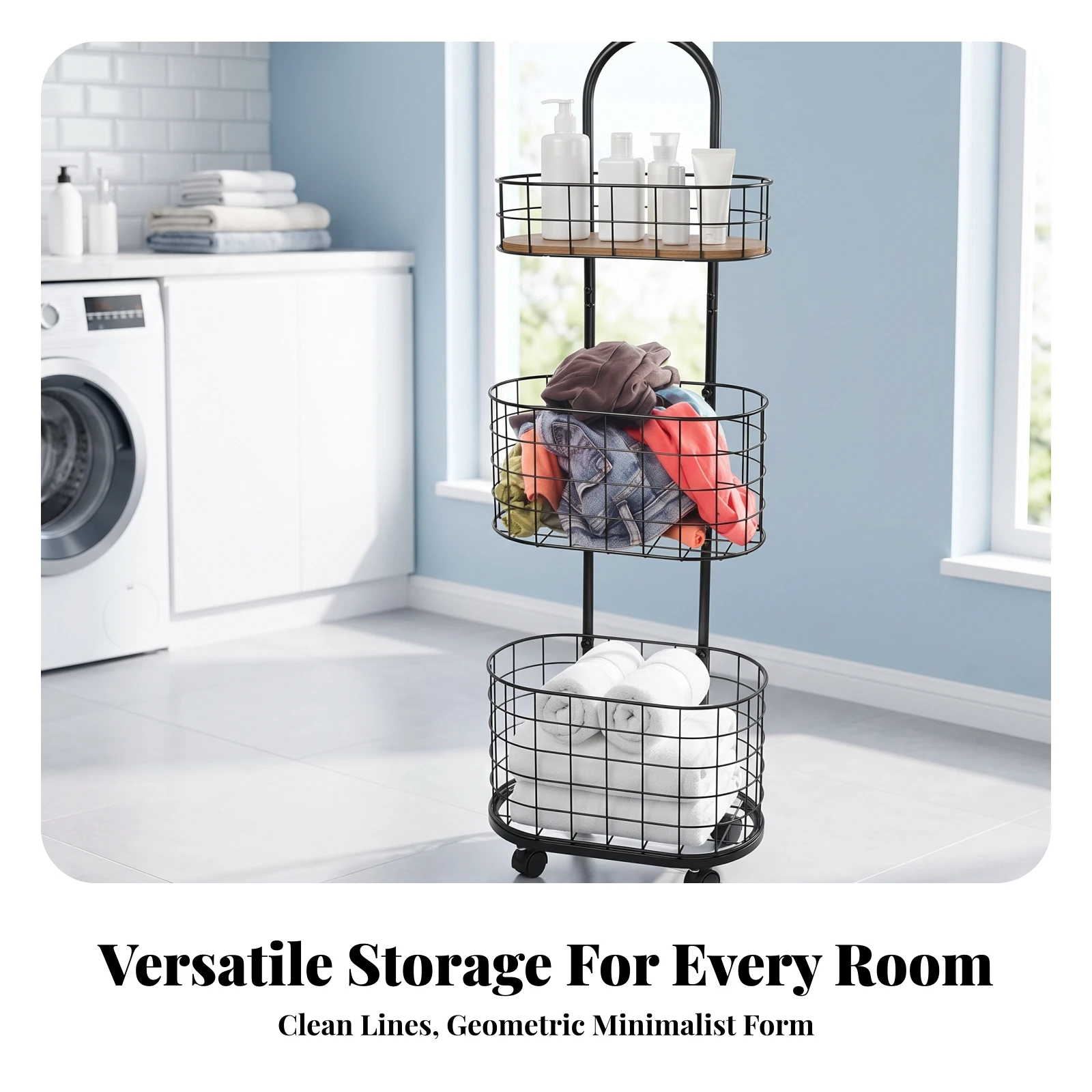 Laundry Cart with Handle Freestanding Wire Basket Cart Multifunctional Breathable for Bathroom, Kitchen