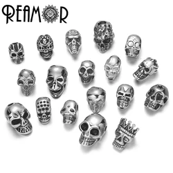 REAMOR 5pcs Stainless Steel Punk Skull Head Bead 2mm Small Hole Beads Charms for Men String Beaded Bracelets DIY Jewelry Making