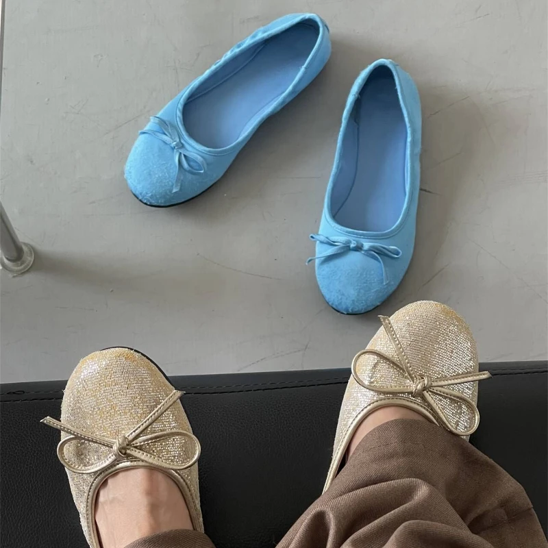 

Gold Ballet Flats Summer Soft Comfortable Shallow Mary Jane Round Toe Bow Ballet Shoes Little Blue Shoes