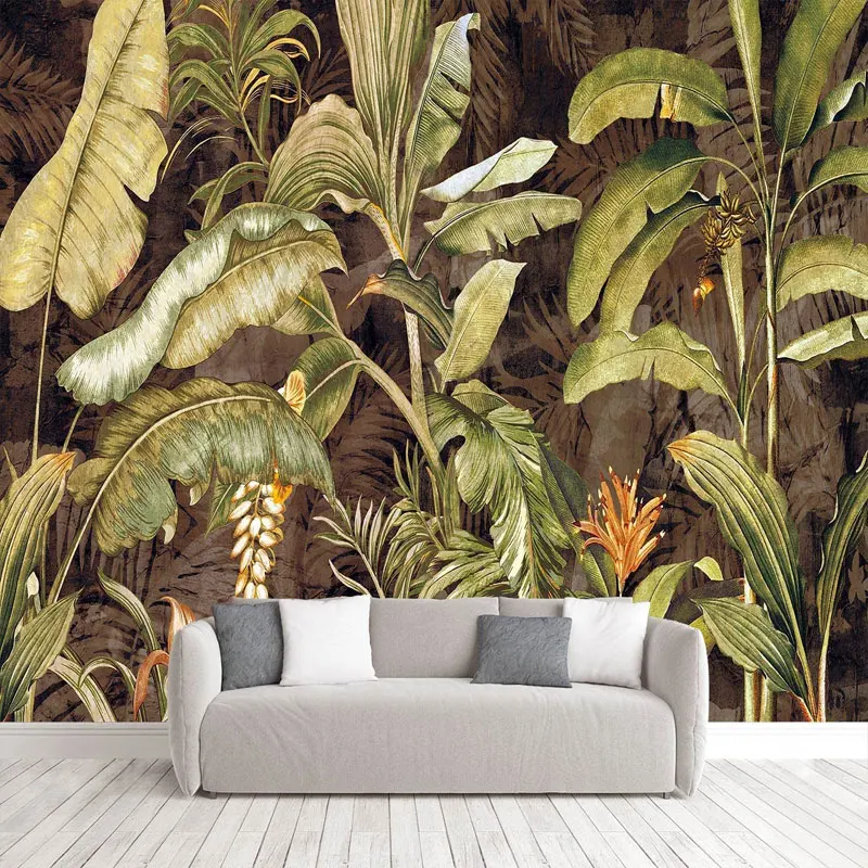 

Retro Wallpaper Black And Gold Banana Leaf Wall Mural Tropical Botanical Plant Custom Photo Background Creative Decor Covering