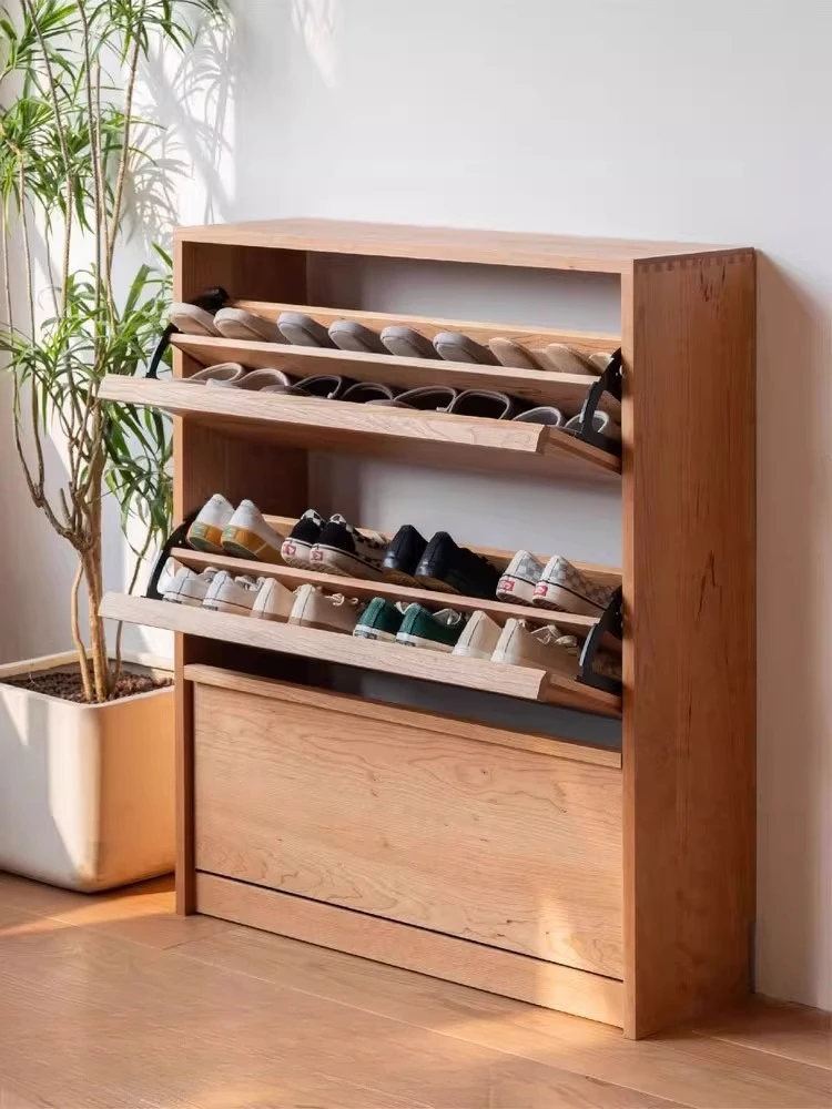 

Cherry wood, tipping bucket shoe cabinet, Nordic diagonal, household, ultra-thin entrance cabinet
