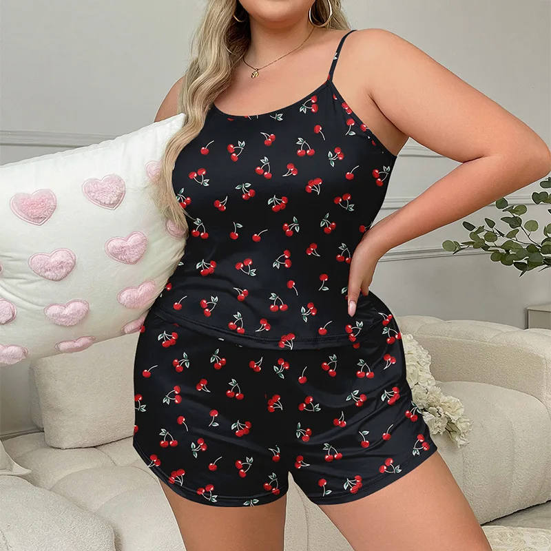 XL-5XL Plus Size Suspender Pajamas Set Women's Cherry Print Cami Top and Shorts Loungewear 2 Piece Sleepwear Large Home Clothes image 3
