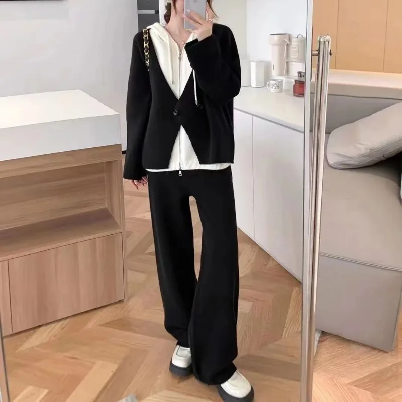 Korean Harajuku BF Style Fake Two-piece Knitted Set Women Outfit Autumn Winter Hooded Knitwear and Casual Wide Leg Pants Suits