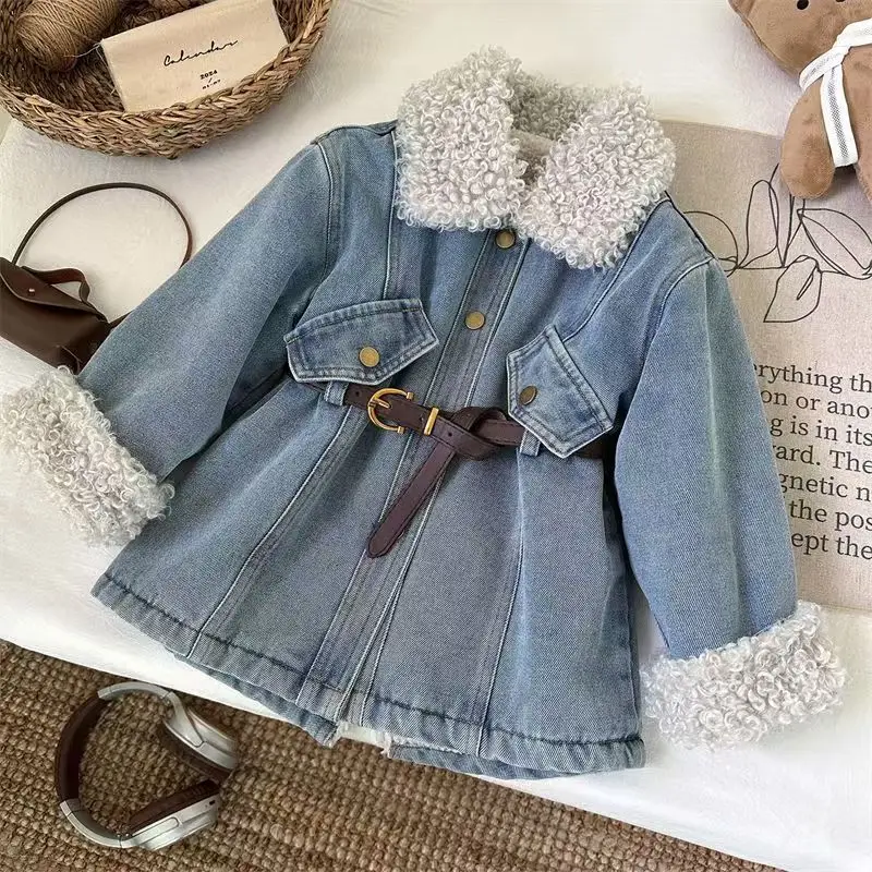 Autumn Winter Fashion New Long Sleeved Cotton Denim Jacket Thickened Girls Dress Single Breasted Children's Clothing 2-7Years