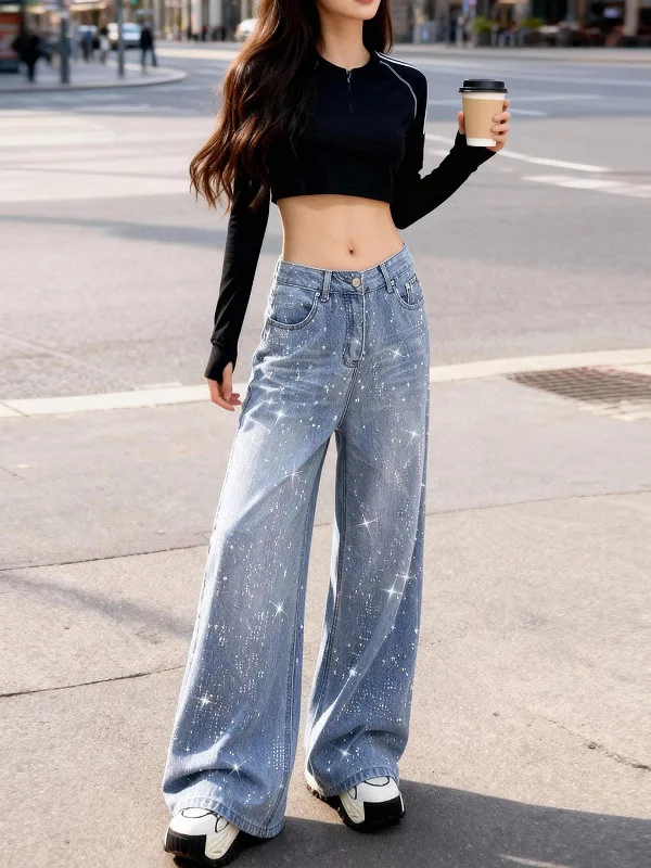 

Spring 2026 New Vintage Casual Wide Leg Jeans Women Loose Straight Floor-Length Flaing Diamond High Waist Casual Sle