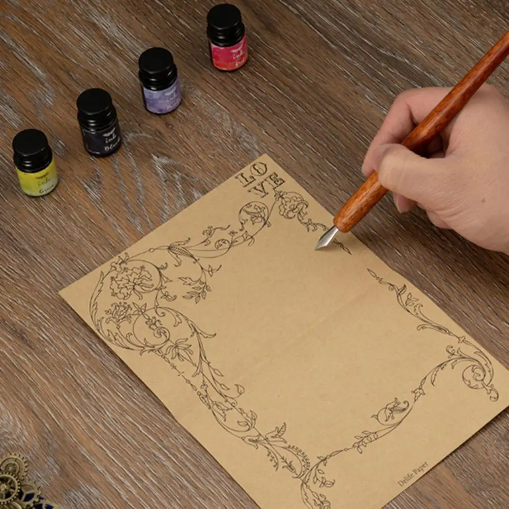 フェザーディップインクペンセット、素敵な見た目、ビンテージウッド、キラキラ署名クイル、文房具用品、1セット