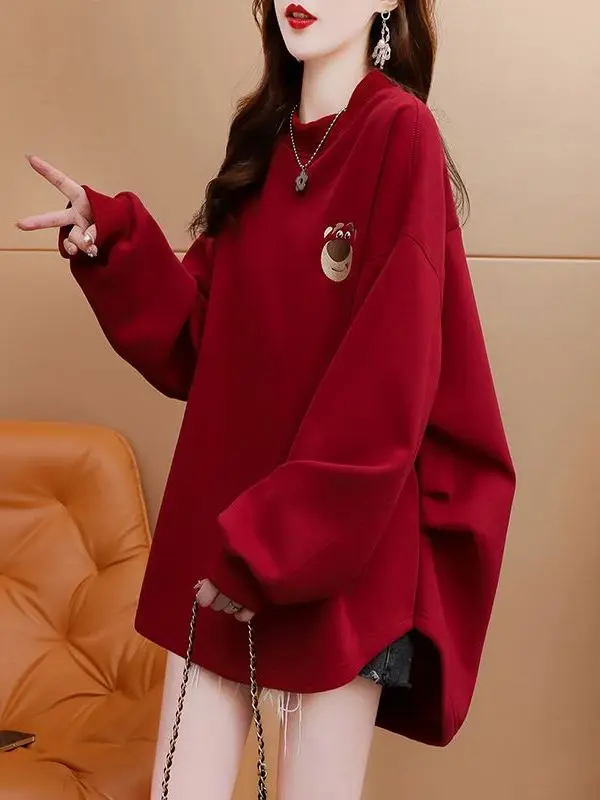 Felpa con cappuccio taglie forti foderata Fce da donna Casual rotonda Ne stampata lunga Sve coreana Sle comoda per il tempo libero