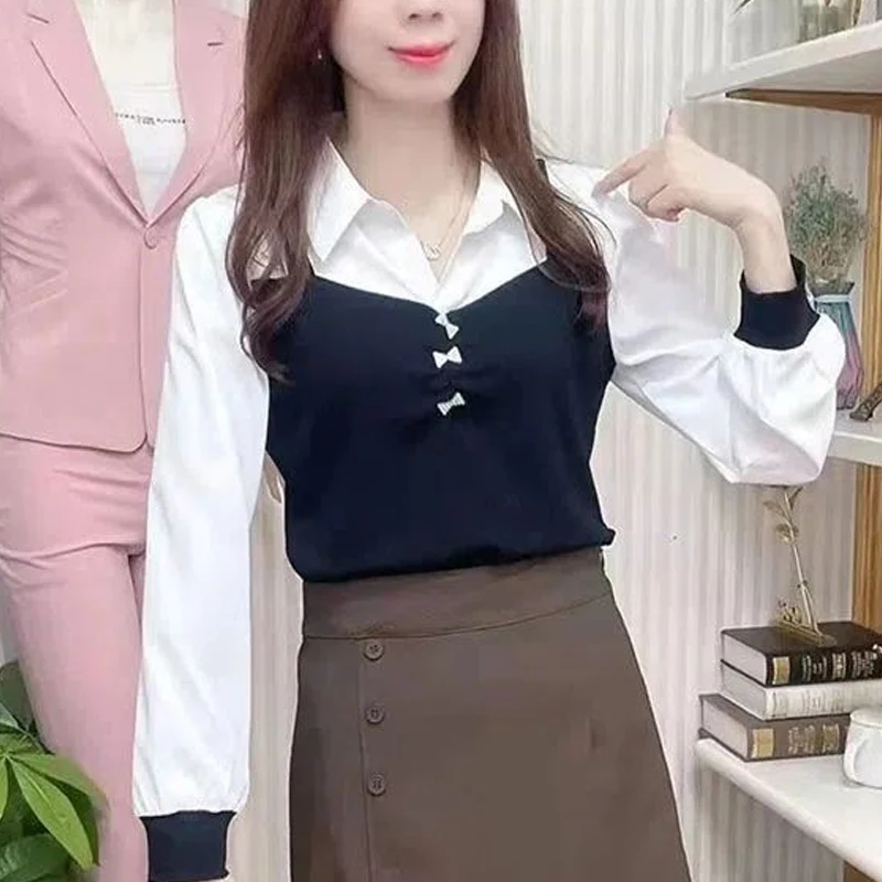 Spring Autumn New POLO Collar Fashion Long Sleeve Blouse Women Elegant Contrast Color Patchwork Pullovers High Street Casual Top