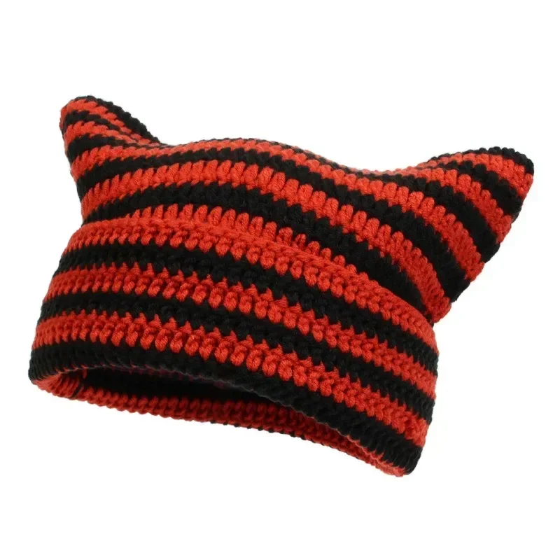 2023, jesienno-zimowa czapka w stylu Harajuku Little Devil Striped Knitted Hat Women Men Japanese Cute Cat Ears Cap Pointed Wool