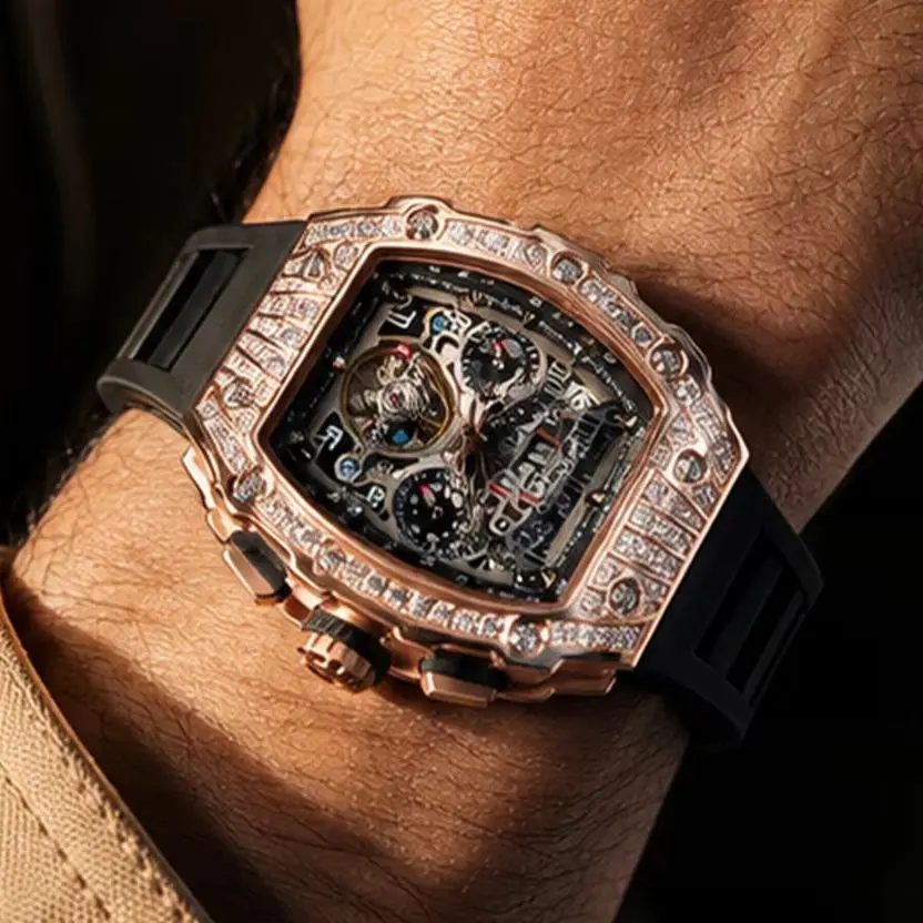

Reef Tiger Men Automatic Watch Luxury Tonneau Mechanical Wristwatch Waterproof Luminous Skeleton Multi-Dial Month Week Date