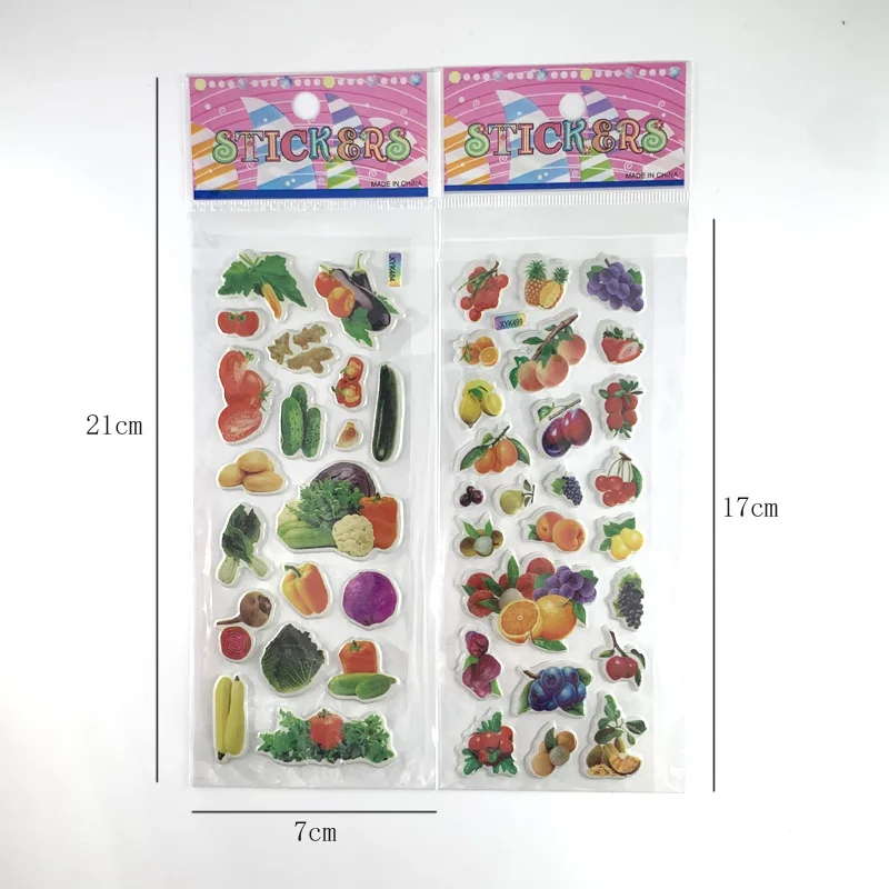 12 Sheets/set 3D Puffy Bulk Stickers for Girl Boy Birthday Gift Scrapbooking Fruit Vegetable Cartoon Sticker Toy