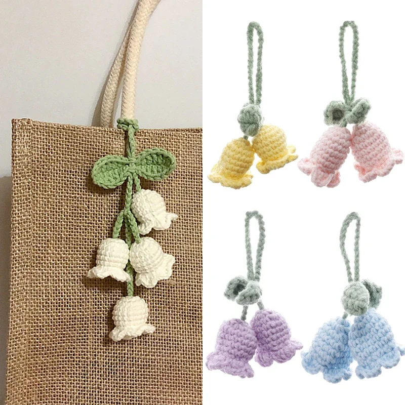 Handmade Flower Knitted Keychain Keyring Women Crocheted Wool Flower Leaf Bag Pendants Car Key Ring Fresh Handbag Charms Gifts