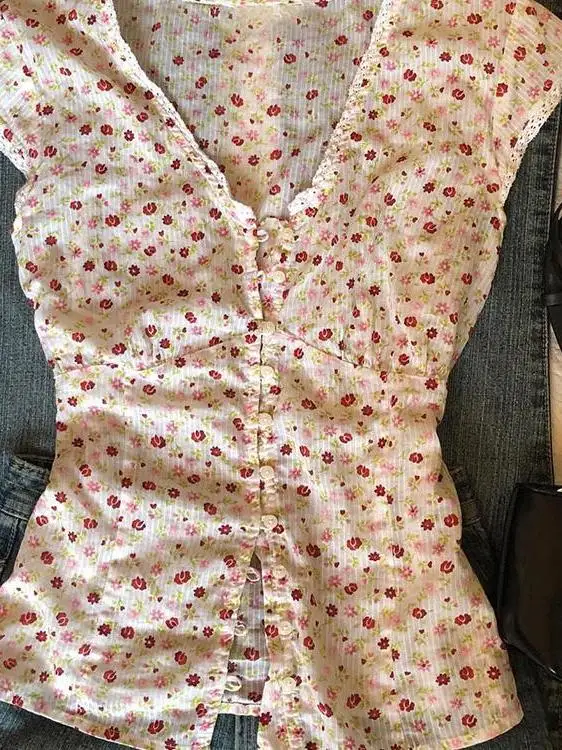 

Original American Retro Floral Slim Fit irt Top Ele Unique Sle Summer Women's Cotton ort Sve Floral Print irt