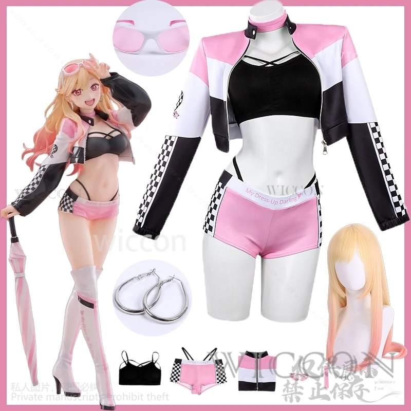

Kitagawa Marin Anime My Dress Up Cosplay Costume Peach Pink Racing Suit Short Top And Jacket With Shorts Necklace Casual Outfit