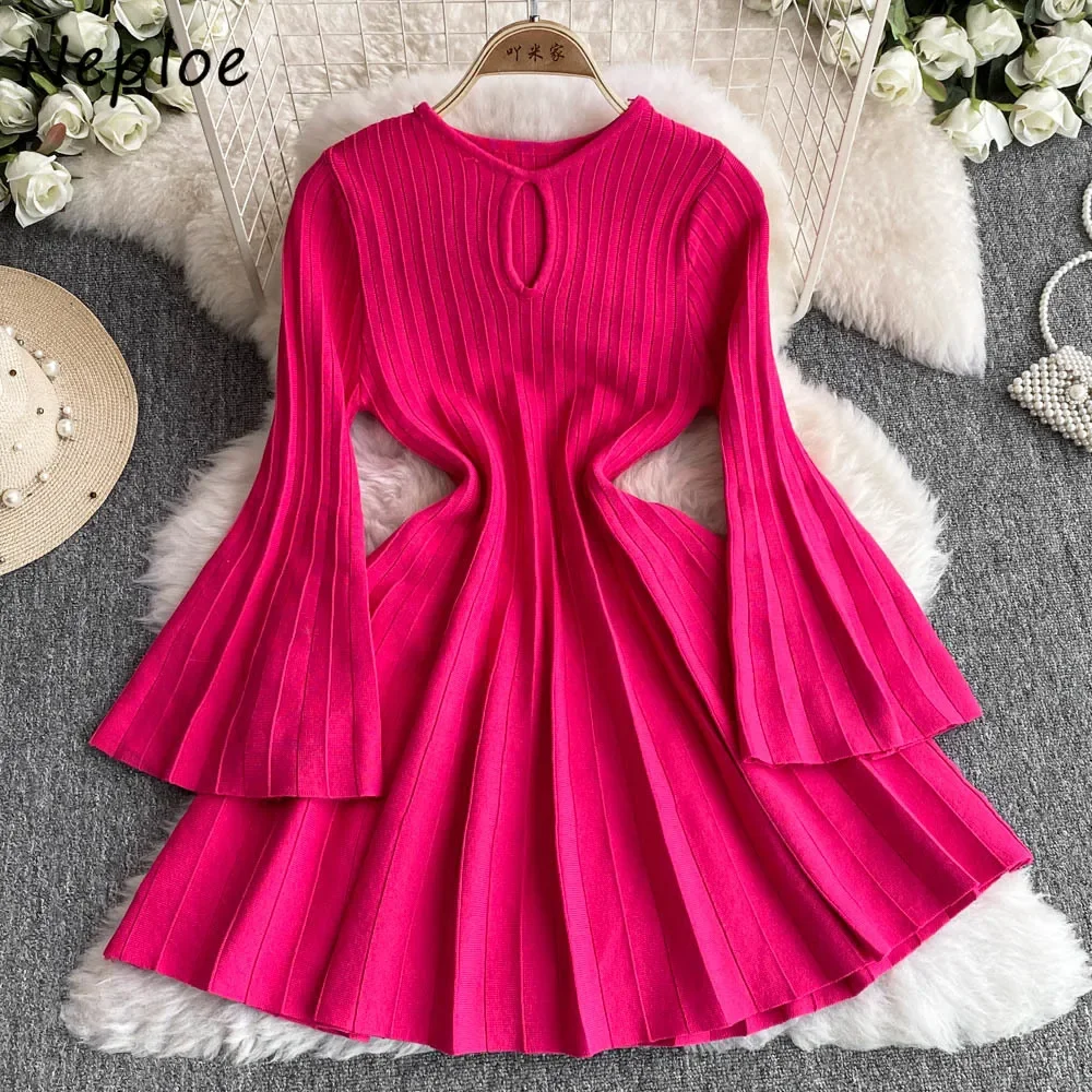 Neploe Advanced Hepburn Style Hollow Out Knit Mujer Women Elegant French Style Slim Waist Dress Flare Sleeve Ruched Pleated Robe