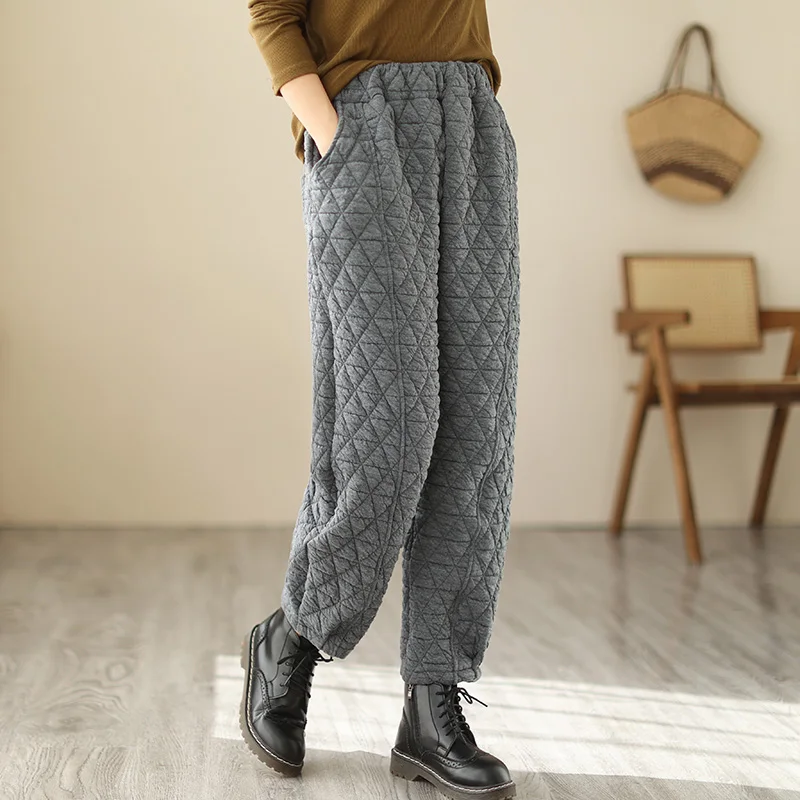 High Waist Thickened Cotton Pants Women's Spring Autumn Loose Lantern Pants Retro Warmth Diamond Grid Design Casual Trousers