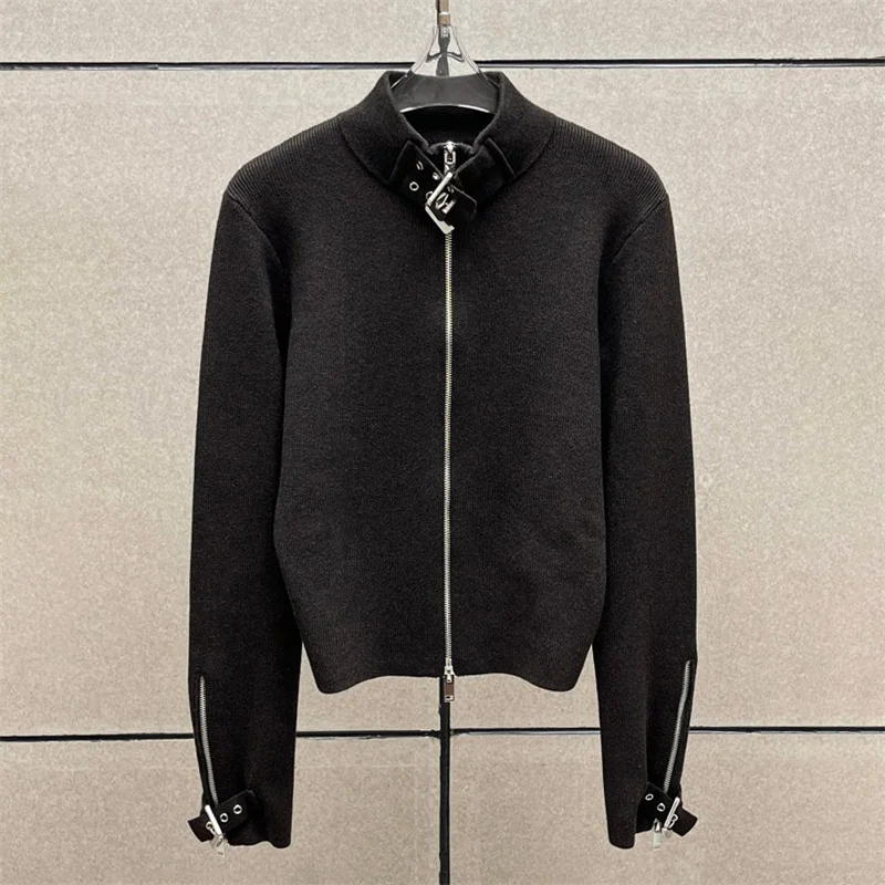 

Кардиган для женщин 2025, новинка зимы, эластичный трикотаж, облегающий воротник-стойка, топ с длинными рукавами, шерстяной женский свитер, тонкое пальто