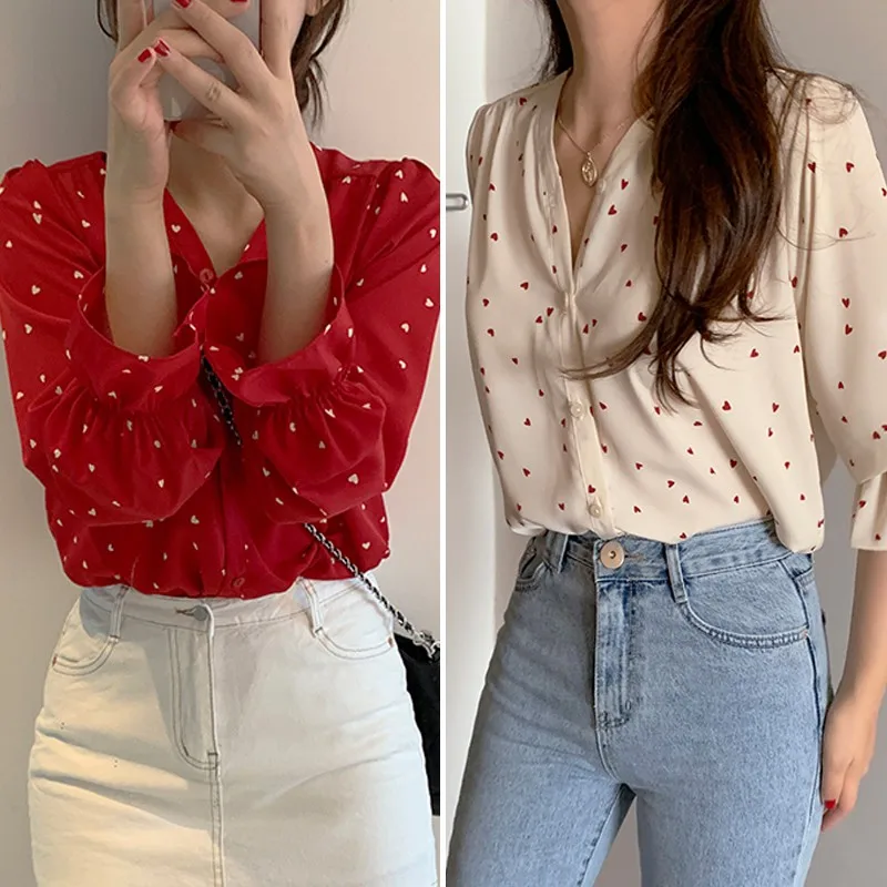 Summer Spring Women Shirt V-neck Love Print Shirt Sweet Long Sleeve Loose Petal Sleeve Blouse