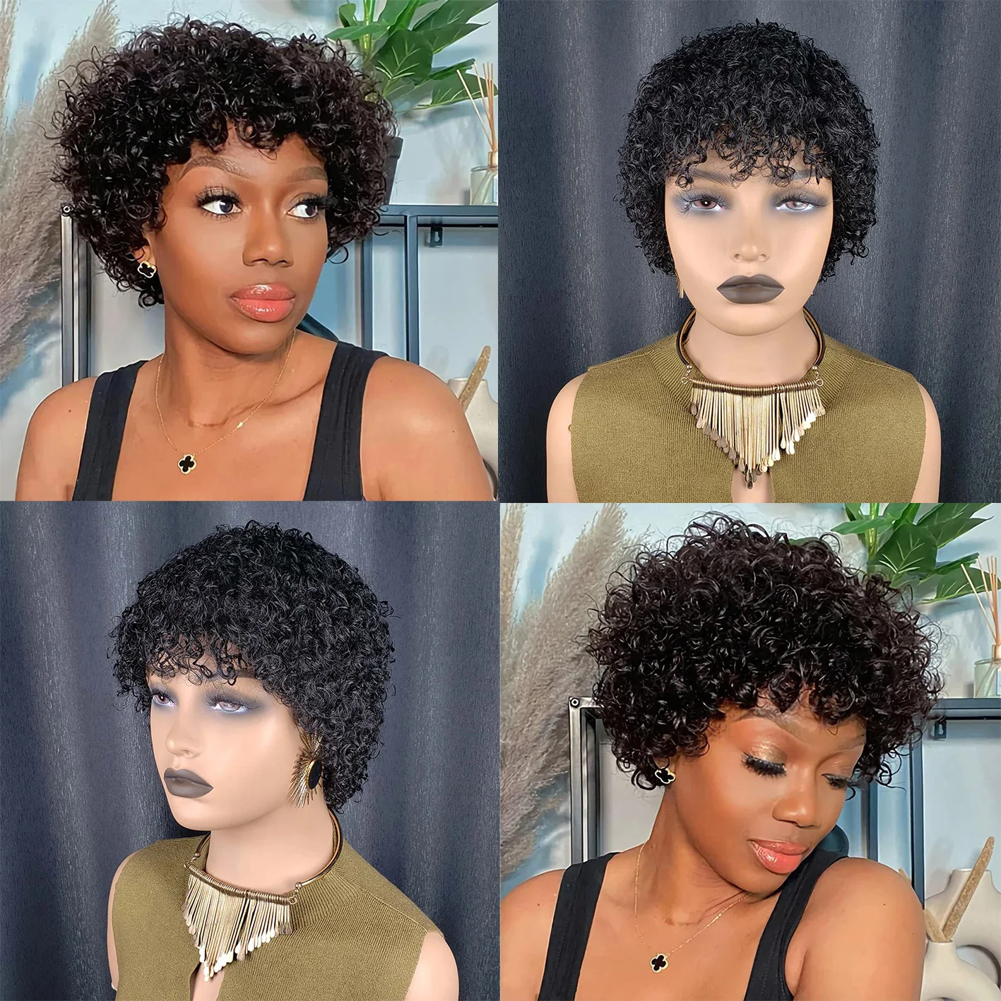 أسود الأفرو غريب مجعد عابث قطع إصبع موجات الباروكات شعر الإنسان 100% طبيعي واقعي متشابكة الحرة آلة كاملة مصنوعة للنساء