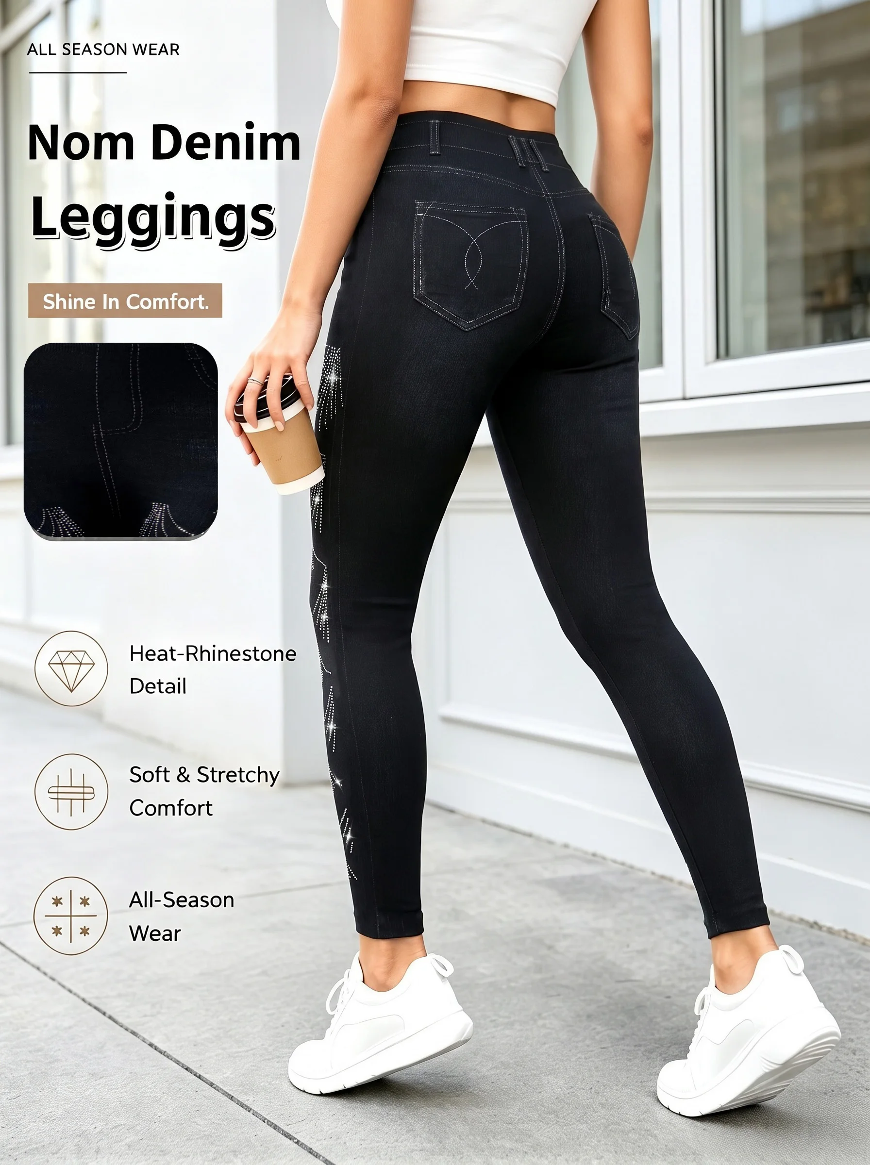 Women's Black Fan-Shaped Rhinestone Faux Denim Ankle Leggings Exquisite Sparkling High Stretch Trousers