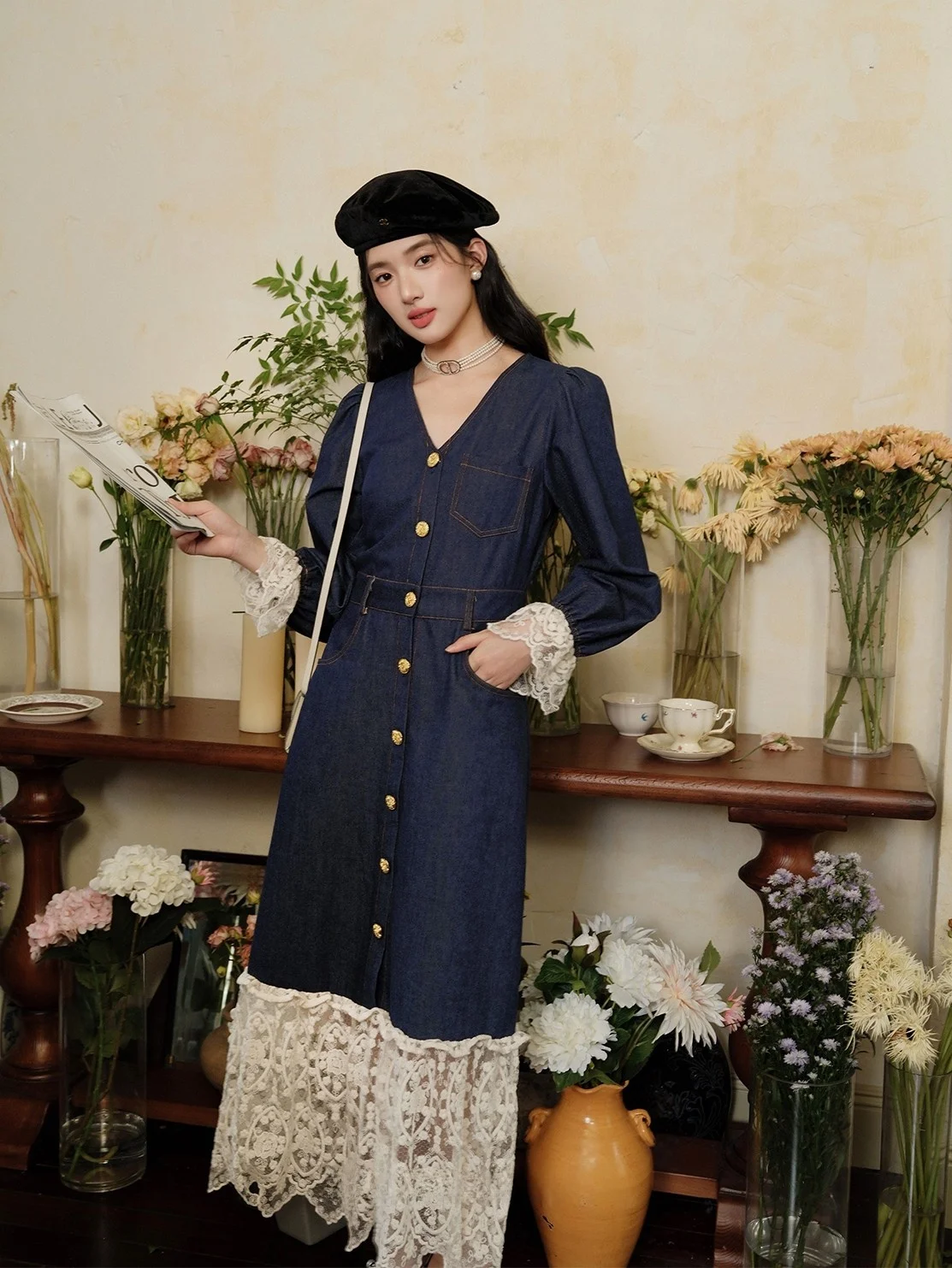 

Retro V-ne Splice Lace Denim Dr Women's Long Blue Skirt Autumn Season French Sle l Waist Button Detail A-line Dr