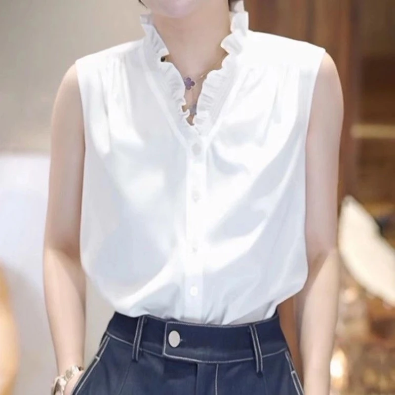 

White Sleeveless Ruffles V Neck Elegant Blouse Summer New Solid Simplicity Temperament Shirt Tops Fashion Korean Women Clothing