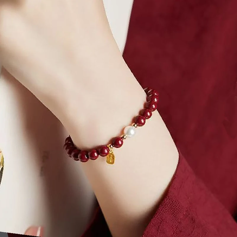 Vintage Good Luck Natural Stone Cinnabar Red Gold Color Pearl Beads Beaded Chinese Style Bracelet for Women Party Jewelry Gift - view 6