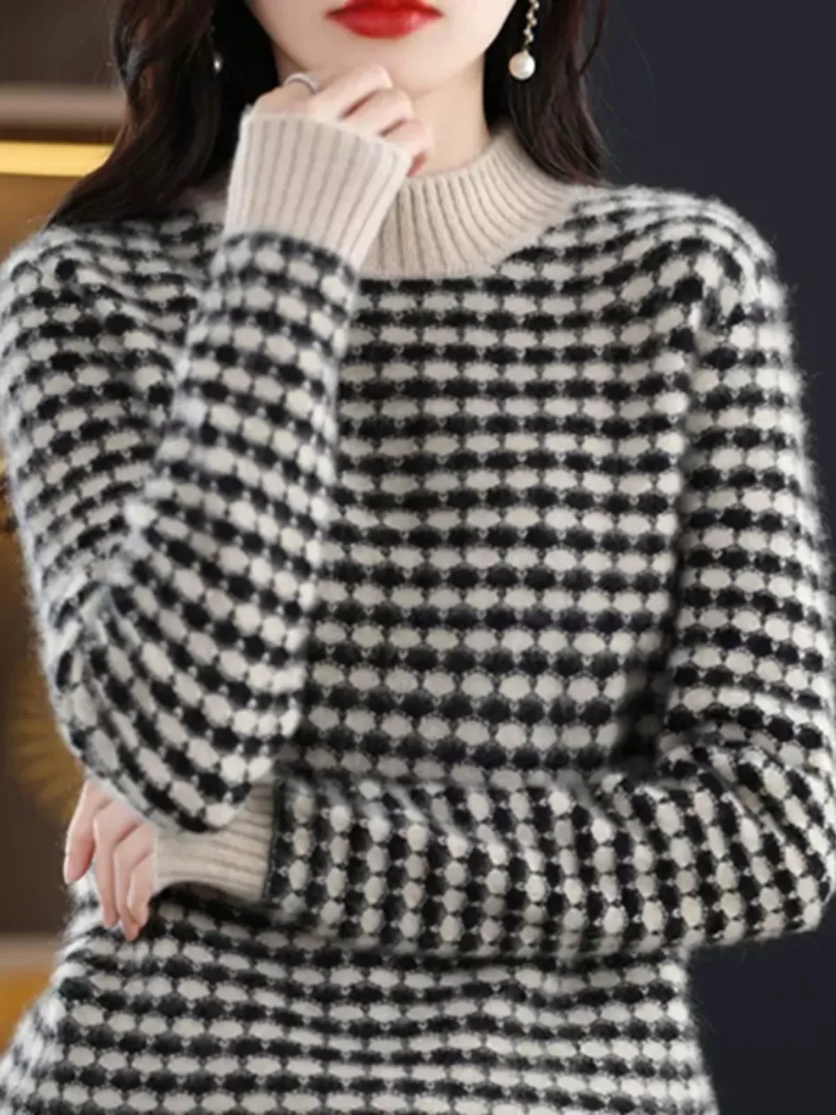 

Women's f High Collar Knitted Sweater Loose Fit Thiened Autumn Winter Faionable Plaid Base irt Korean Sle Long Sve