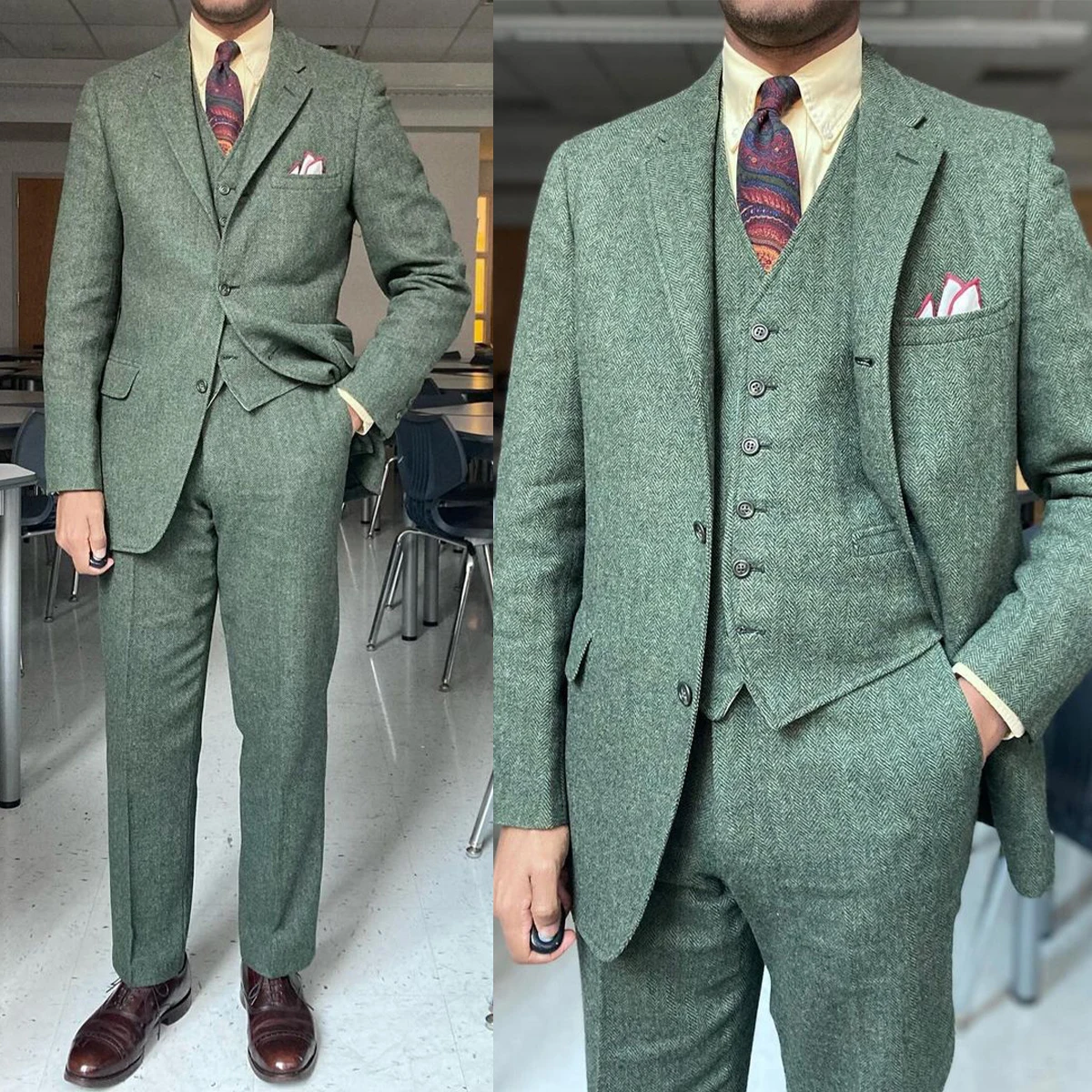 Smoking De Casamento De Lã De Tweed Para Homens, Ternos De Calças De Desfile De Moda, Lapela Grossa, Roupa Do Noivo, Festa De Aniversário, 3 Peças