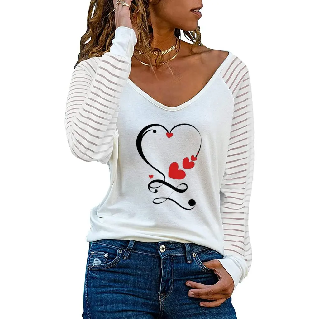 

Women's Halloween T-shirt Feather Love Letter Print V-neck Long Sleeve Transparent Top for European And American Market