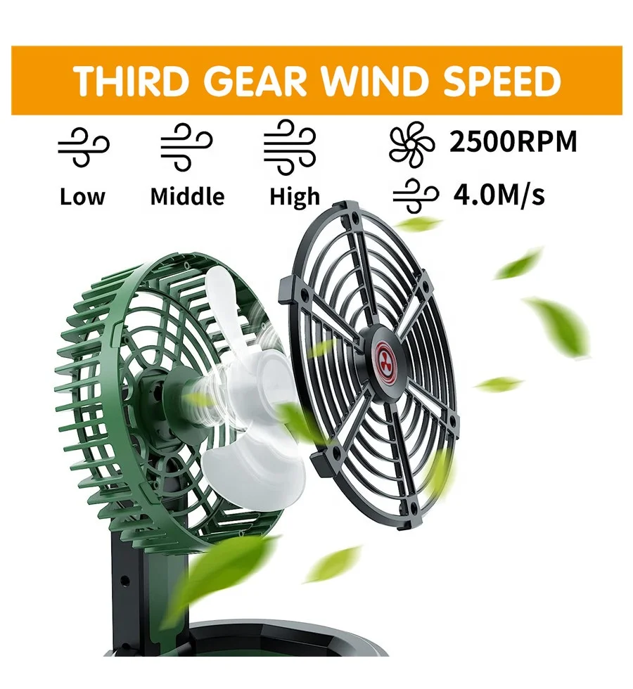 ポータブル電池式充電式扇風機 折りたたみ式キャンプファン LEDナイトライト USB小型卓上扇風機 テント旅行用