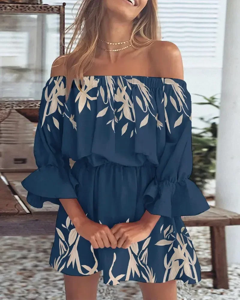 

Summer Sexy Fashion Slash Neck Print Dress Women Clothing Elegant Casual Long Sleeve Off Shoulder Beach Bohemia Party Dress New