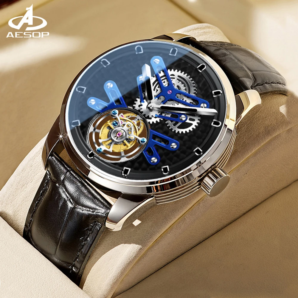 

AESOP Luxury Brand Tourbillon Mechanical Sports Watches for Men Vintage Skeleton Hollow Designer Waterproof Military Wristwatch