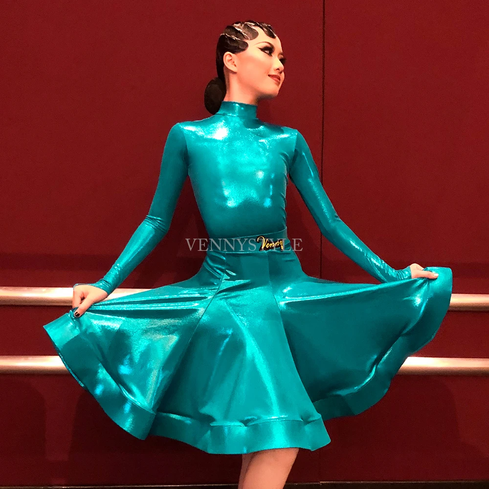 Vennystyle Latin Dance competition dress Long sleeve green Latin dance dress women\'s professional ballroom dance dress
