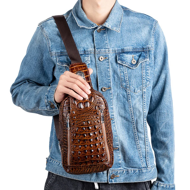 Genuine Leather Men Chest Pack Shoulder Bag Retro Designer Crocodile Pattern Male Real Cowhide Cross Body Bags Sling Backpack