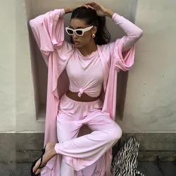 Women Fashion Lounge Set Vintage 3 Piece Outfit Spring Autumn O Neck Waist Tie T-shirt+Elastic Waist Pants Long Sleeve Crop Tops