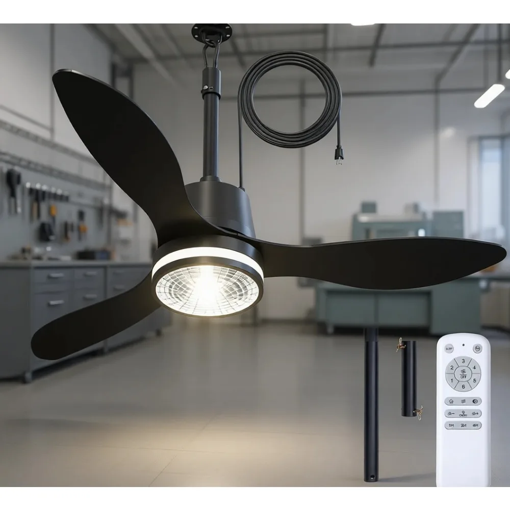 

42-дюймовый уличный потолочный вентилятор с подсветкой, IP65, водонепроницаемый, с пультом ДУ, 3CCT, 6 скоростей, подключаемый к сети, для патио, веранды, гаража, черный