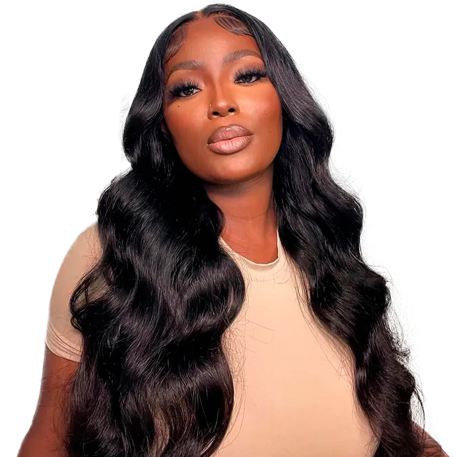 ナチュラルブラックボディウェーブ13x4 HD透明レースフロントウィッグ生え際処理済みブラジル人毛ウィッグ180%密度レースフロントウィッグ