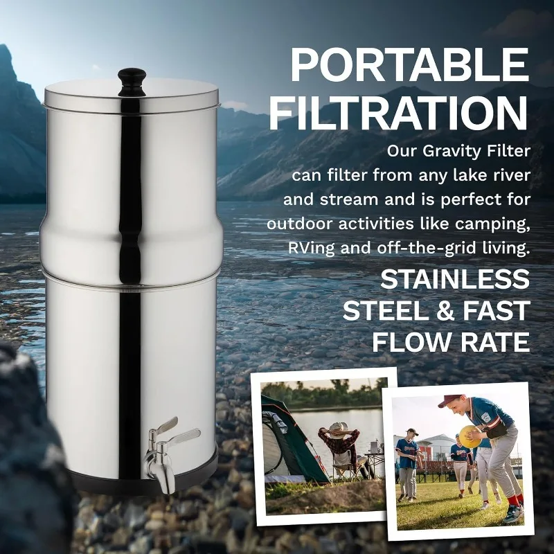 Gravity Water Filtration System Stainless Steel Countertop 2.25 Gallon Ceramic Filter For Home and Outdoor Use Eliminates Viruse