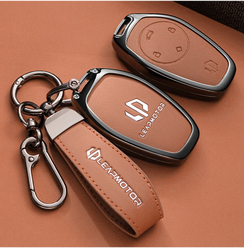 Autozubehör Schlüsselhülle aus Zinklegierung und Leder mit Kette für Leapmotor C16 C11 C10 C01 B10 T03 S01 Schlüsselschutzhülle – Detail 2
