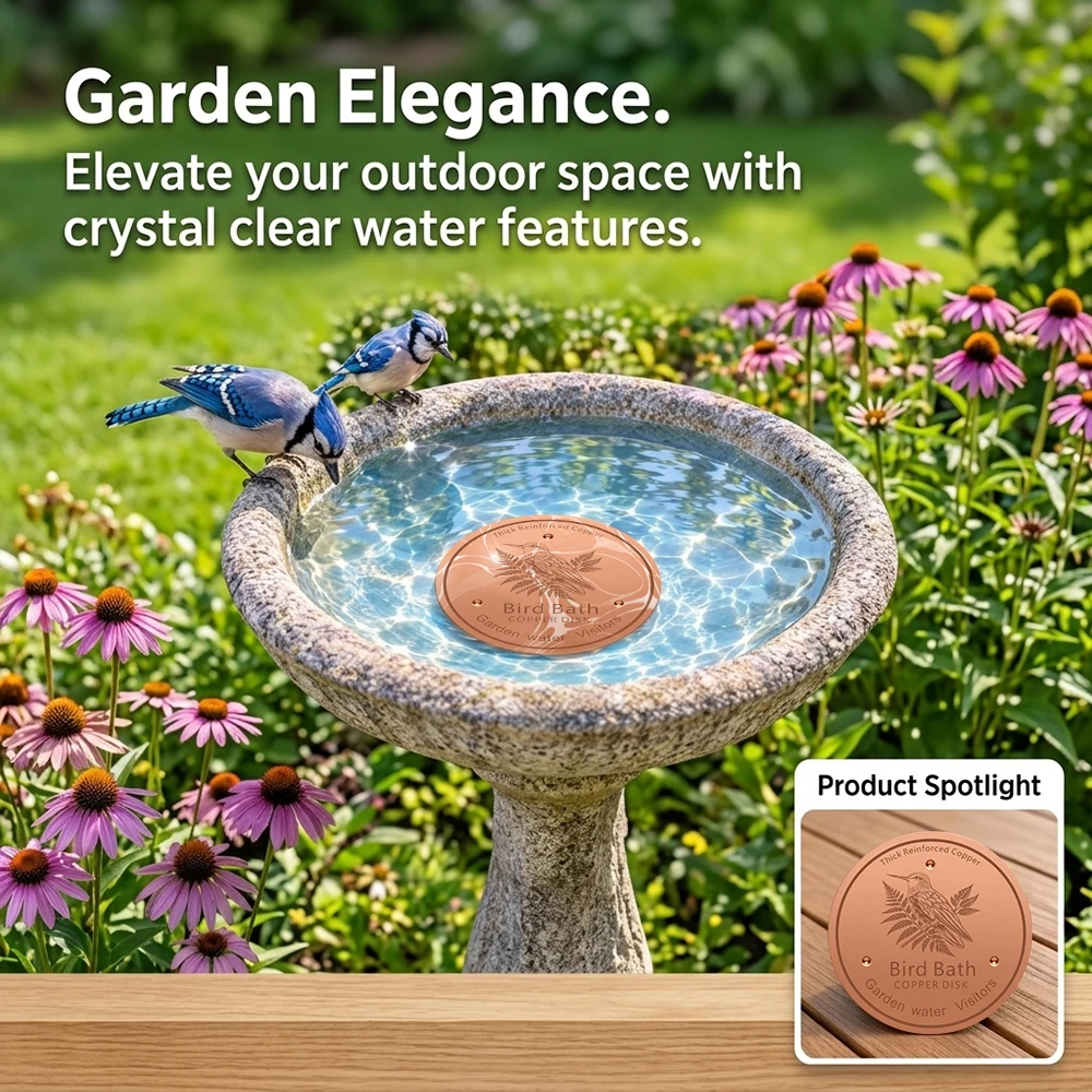 Copper Bird Bath Disk for Fresh Garden Water, Thick Reinforced Metal Disc to Keep Water Clean for Birds Outdoor
