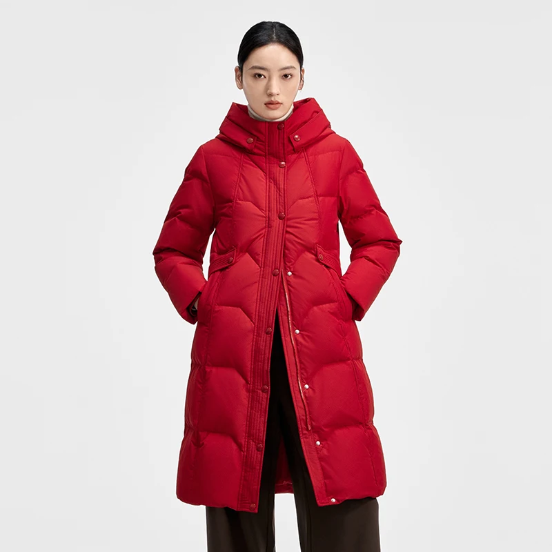 자카드 크로스 패턴의 체리콤 롱 후드 다운 재킷 양방향 지퍼 플래킷 방풍 커프스 및 사선 포켓 Y309181Y