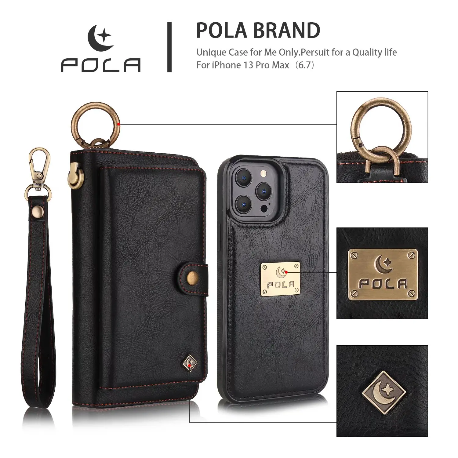 

POLA Case For Iphone 15 Pro Max 14 Plus 13 12 11 Multifunction Zipper Business Leather Magnetic Wallet Split Cover