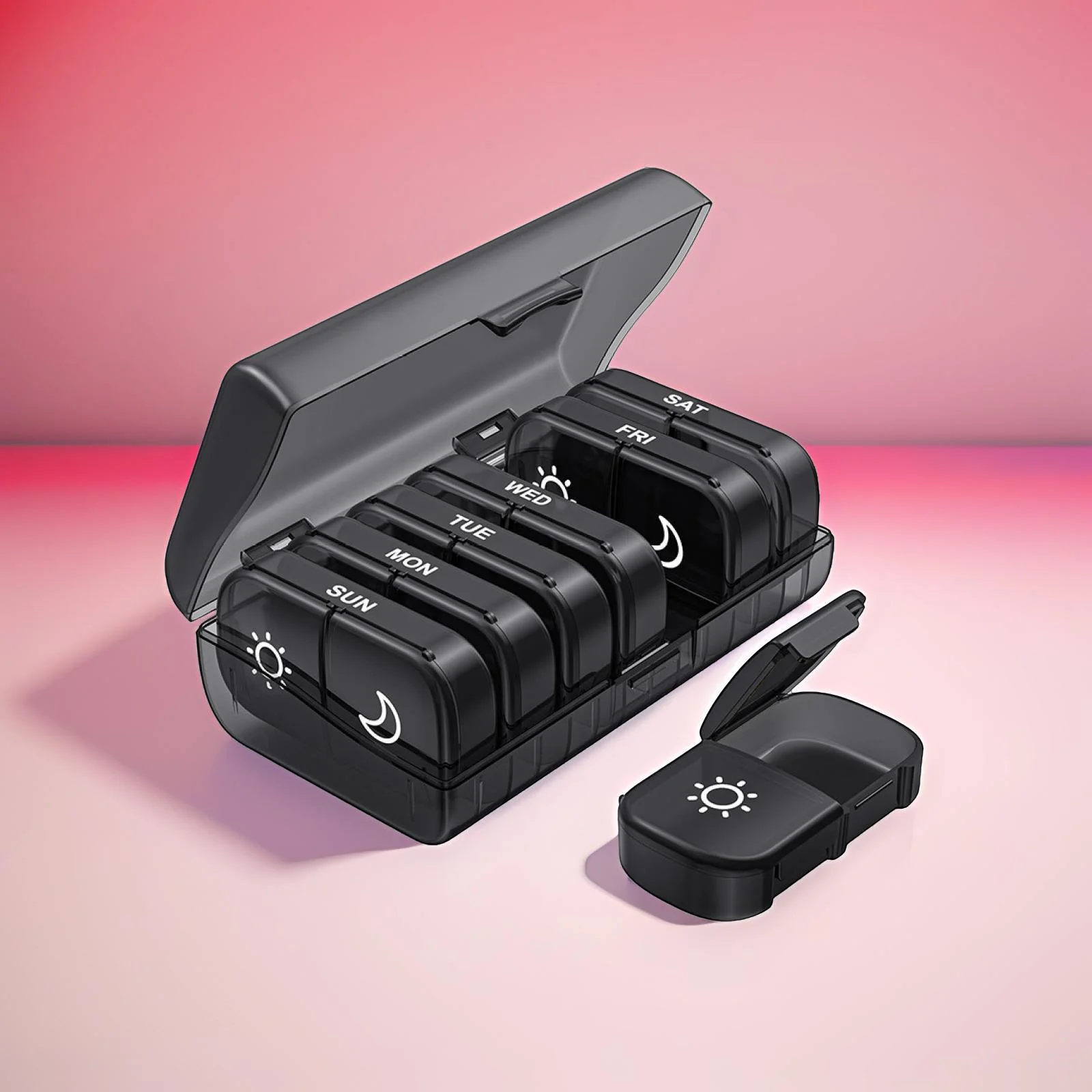 Wöchentlicher Pillenorganizer für 2-mal-tägliche Einnahme, 7-Tage-Pillenbox mit großen Öffnungen auf einer Seite, schwarzer Pillenbehälter mit Sichtschutz für AM/PM – Detail 6