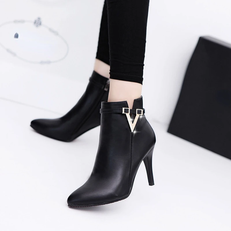 Botas Mujer Invierno  Autumn Stiletto Thin High Heels Woman Pointed Toe Pu Leather Zipper Sexy Ankle Women Boot Botines Chelsea